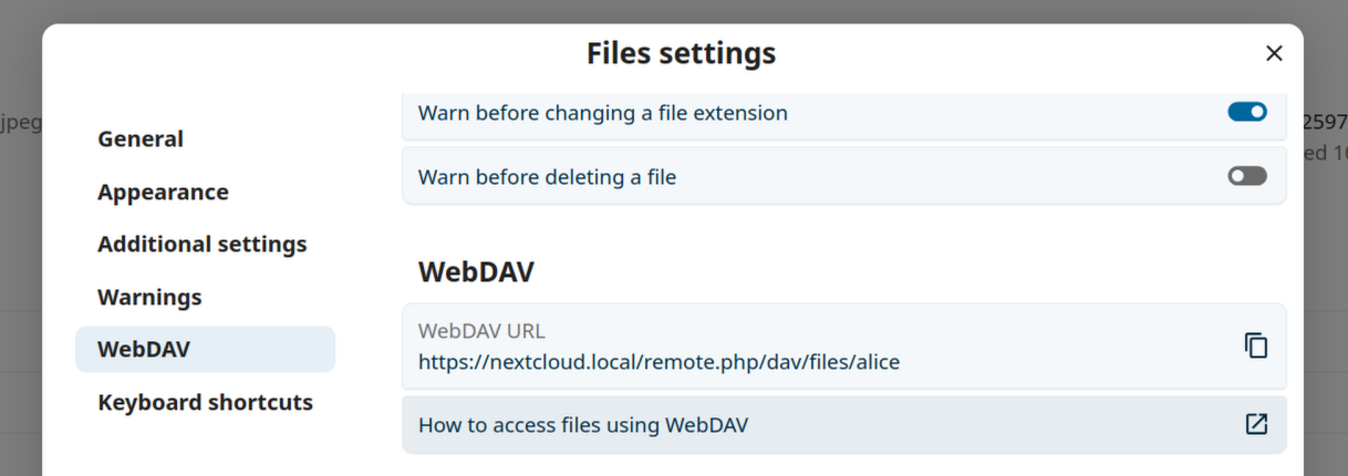 Screenshot of the Files settings showing the personal WebDAV link